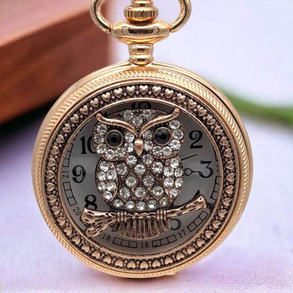 Owl Crystal NEW Pocket Watch Rose Gold Copper Jewel Encrusted Gift Owls Bird - Picture 1 of 6
